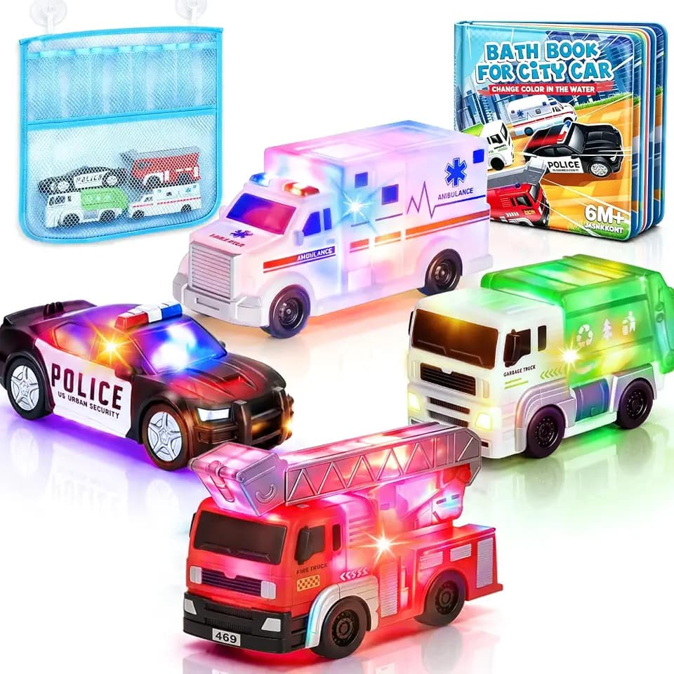 Light Up Bath Toy, LED Color Changing Realistic Floating Car 4 Pack