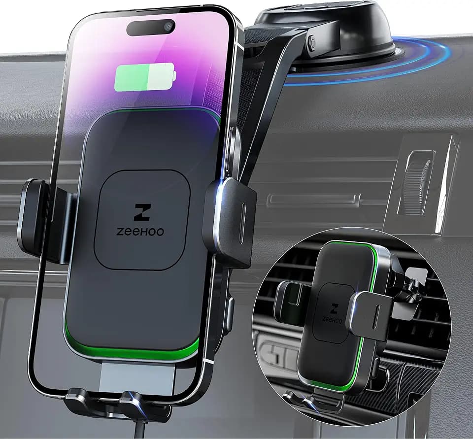 ZEEHOO Wireless Car Charger, DUOXX Dual Coils 15W Fast Charging Auto-Clamping Car Mount, Dashboard, Vent Charging Phone Holder for iPhone 17 16 15 14 13 12, S23 Ultra, Z Flip4 3, etc