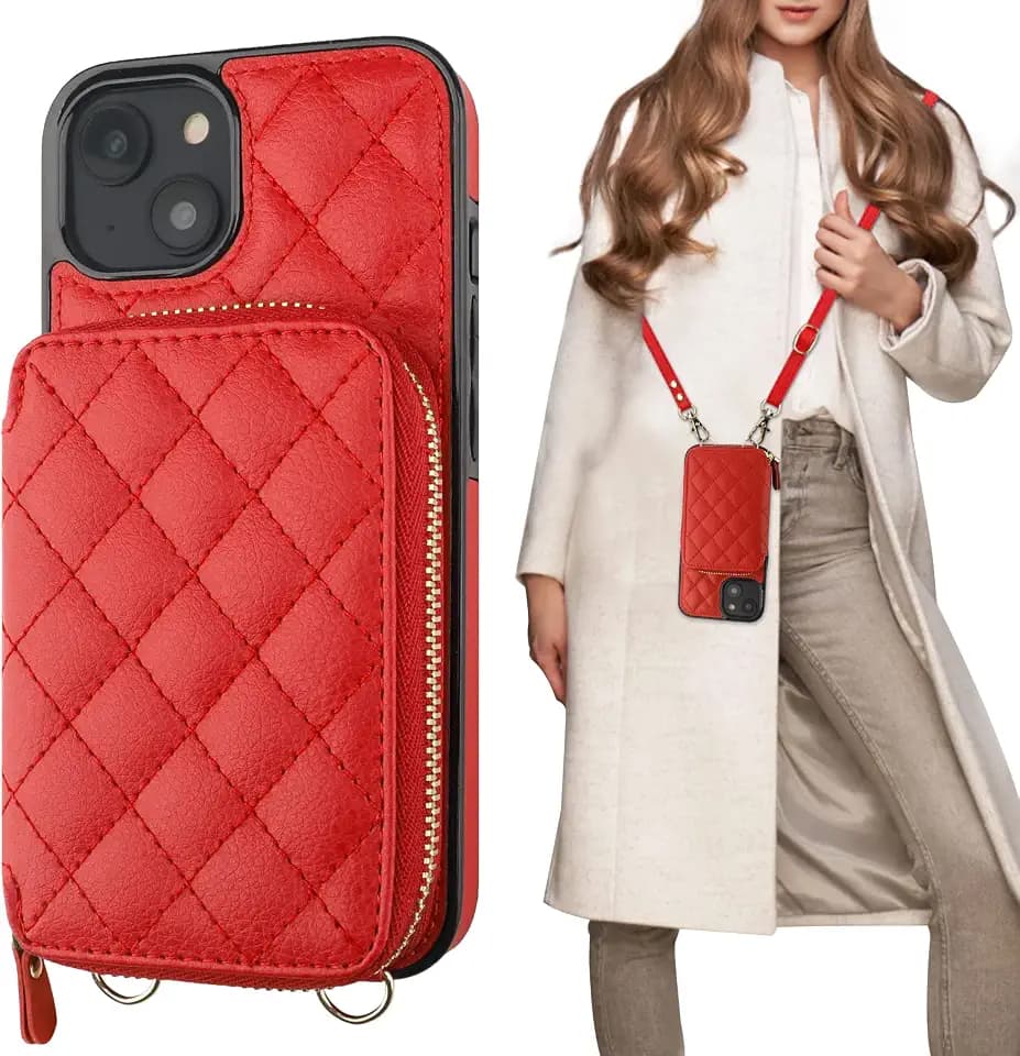 Bocasal Crossbody Wallet Case Card Holder for iPhone 14, Red