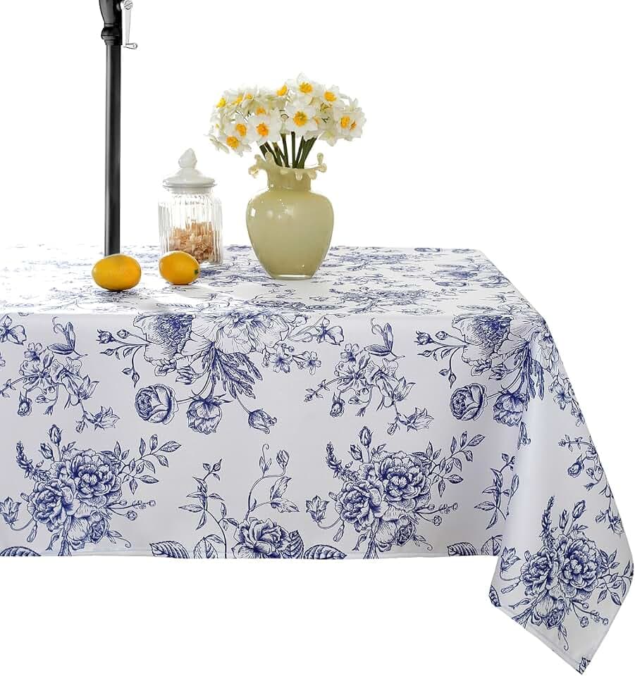 Outdoor Tablecloth ，with Umbrella Hole and Zipper, Blue White 60" x 84"