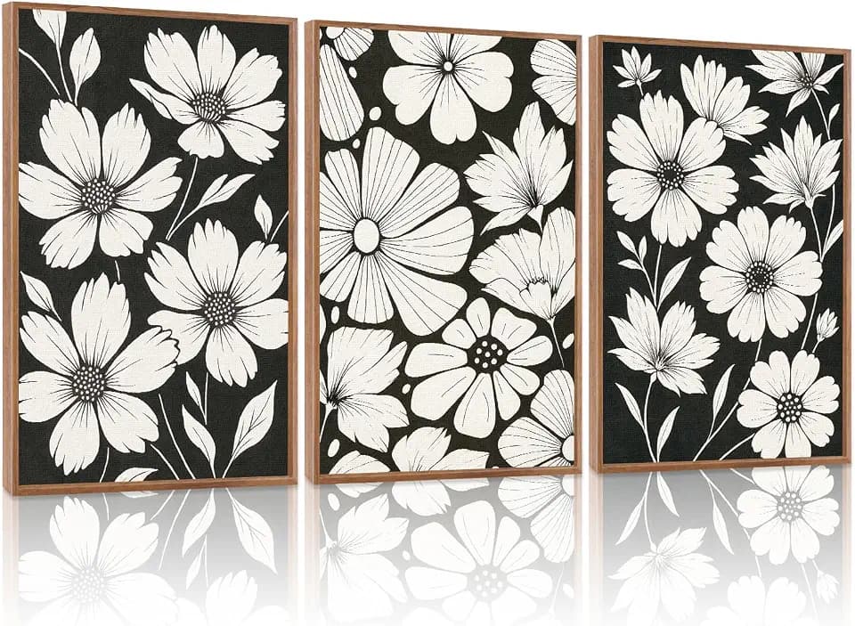 HLNIUC Vintage Floral Wall Art Canvas,Modern Black White Flower Artwork,Neutral Wildflower Wall Art Framed,Miinimalist Plant Painting,Retor Botanical Framed Decor for Living Room Bedroom Home-16x24x3