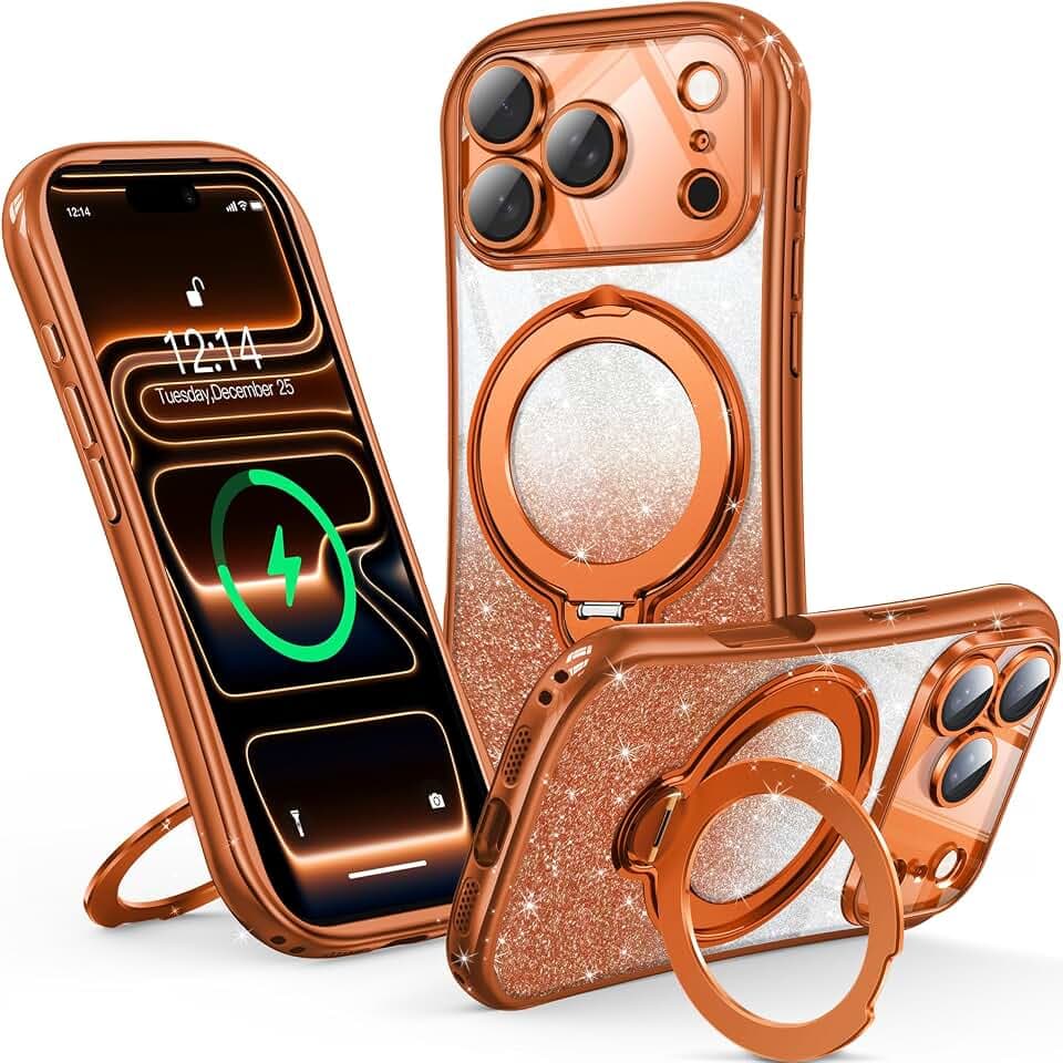 360° Spin Magnetic Stand for iPhone 17 Pro Glitter Case 6.3", Cosmic Orange