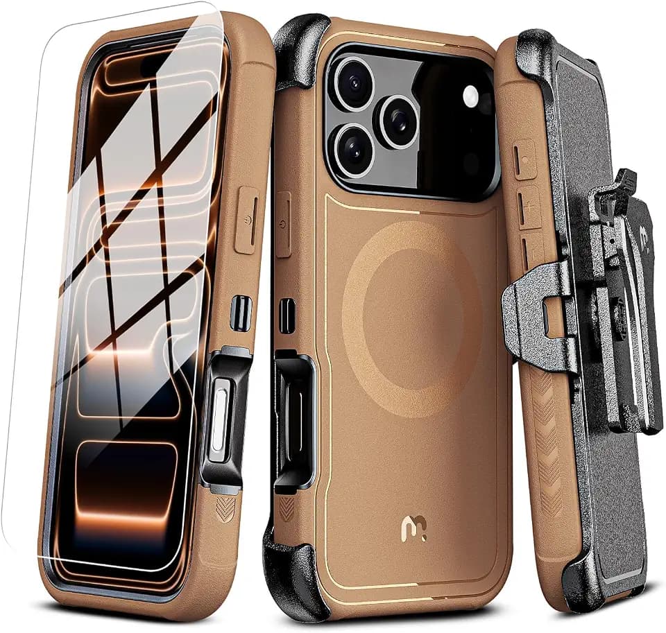 M MYBAT PRO for iPhone 17 Pro Case with Belt Clip Holster,[Compatible with Magsafe] w/Screen Protector,Anti-Drop,Shockproof,w 360°Rotating Kickstand,Heavy Duty Protection (Brown)