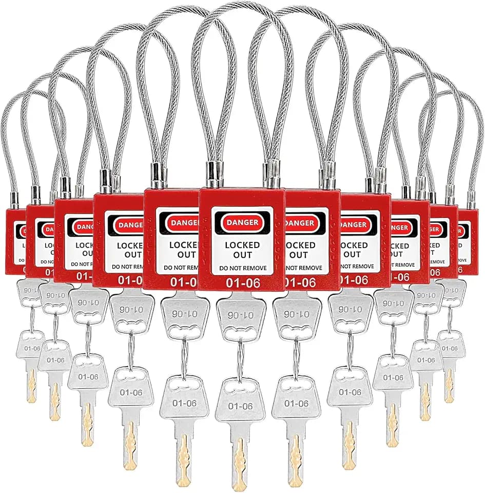 Noamus 10 Pack Lockout Tagout Locks, Steel Cable Compact Loto Safe Padlock Set, Red Keyed Lock with 20 Keys, Different Numbers Safety Locks for Electrical Stations and Devices Kits
