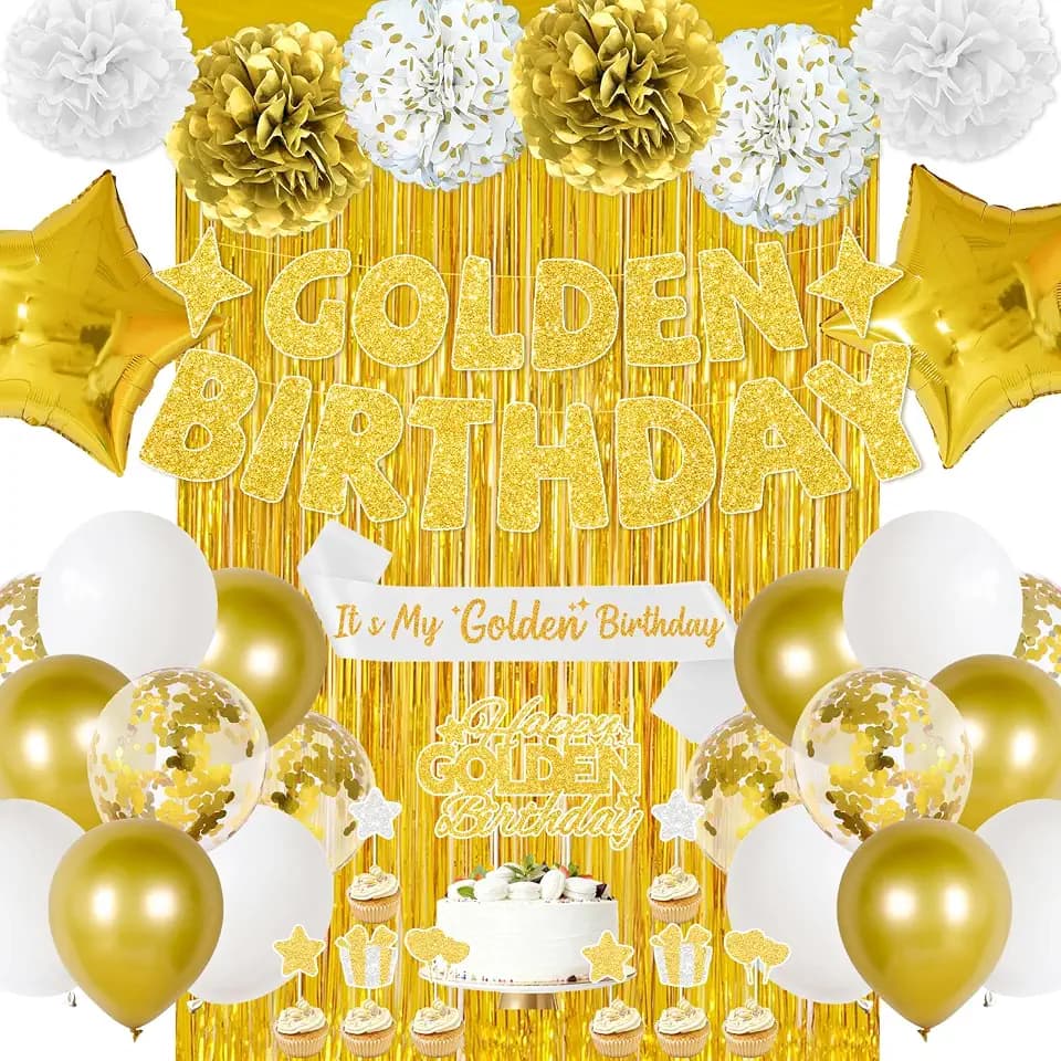 Golden Birthday Party Decorations, 40PCS Gold Decorations Include It's My Golden Birthday Sash Banner Balloons Foil Fringe Curtain Paper Pompoms, Gold Party Supplies for Women Girls Men
