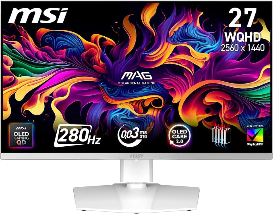 MSI MAG 272QPW QD-OLED X28 27 Zoll WQHD Gaming-Monitor, 2560 x 1440 Quantum Dot OLED Panel, 280 Hz, 0,03 ms, DisplayHDR True Black 400, HDMI 2.1, DP 1.4a, USB C 15WPD, Weiß