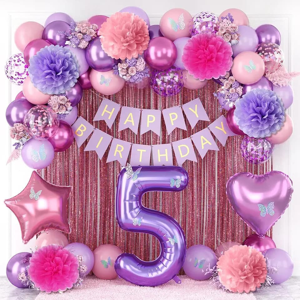Pink Purple 5th Birthday Party Decoration for Girls Number 5 Princess Decor
