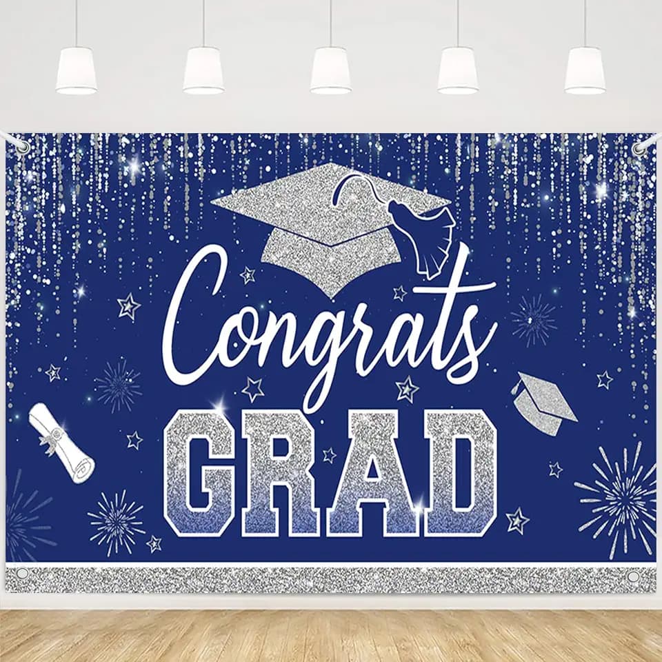 MEHOFOND Class of 2026 Backdrop Decoration Blue Silver Glitter Graduation Party Background 2025 Congrats Grad Prom Party Cake Table Decoration Photo Booth Props 7x5ft