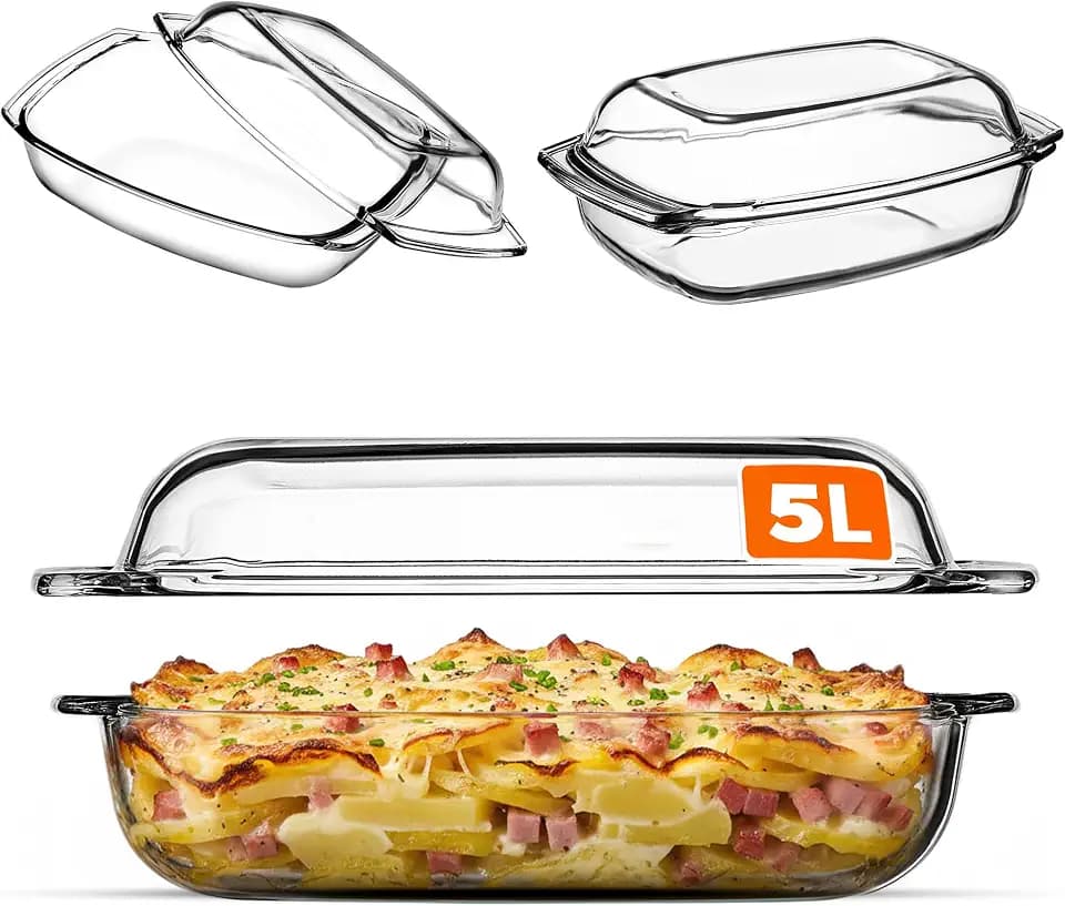 KADAX Auflaufform 5 L aus hitzebeständigem Glas mit Deckel & Griffen – rechteckiges, feuerfestes Gefäß zum Braten & Backen, ideal für Lasagne, Fleischgerichte, geeignet für Ofen & Elektroherd