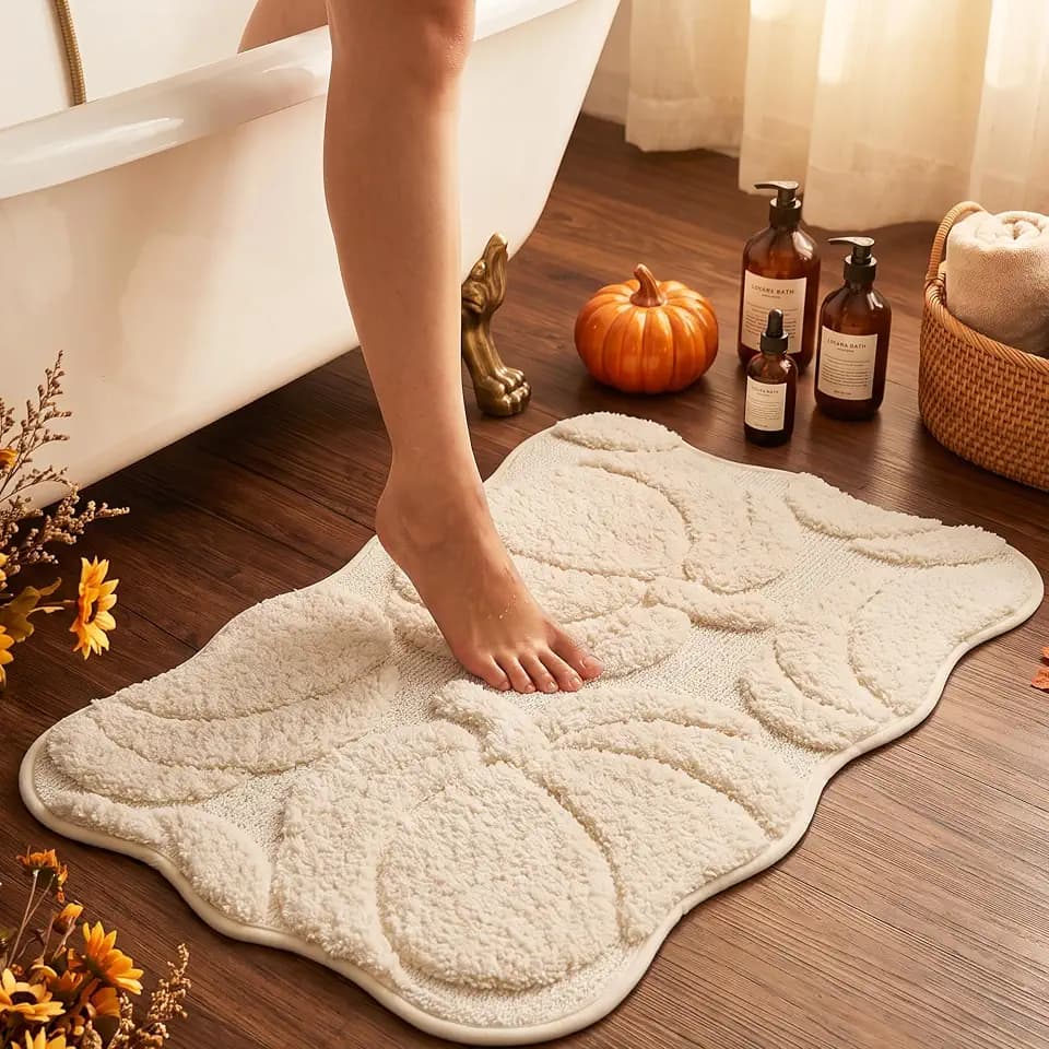 Scalloped Luxury Fall Autumn Beige Cream Pumpkin Bathroom Mat, 17"x25"