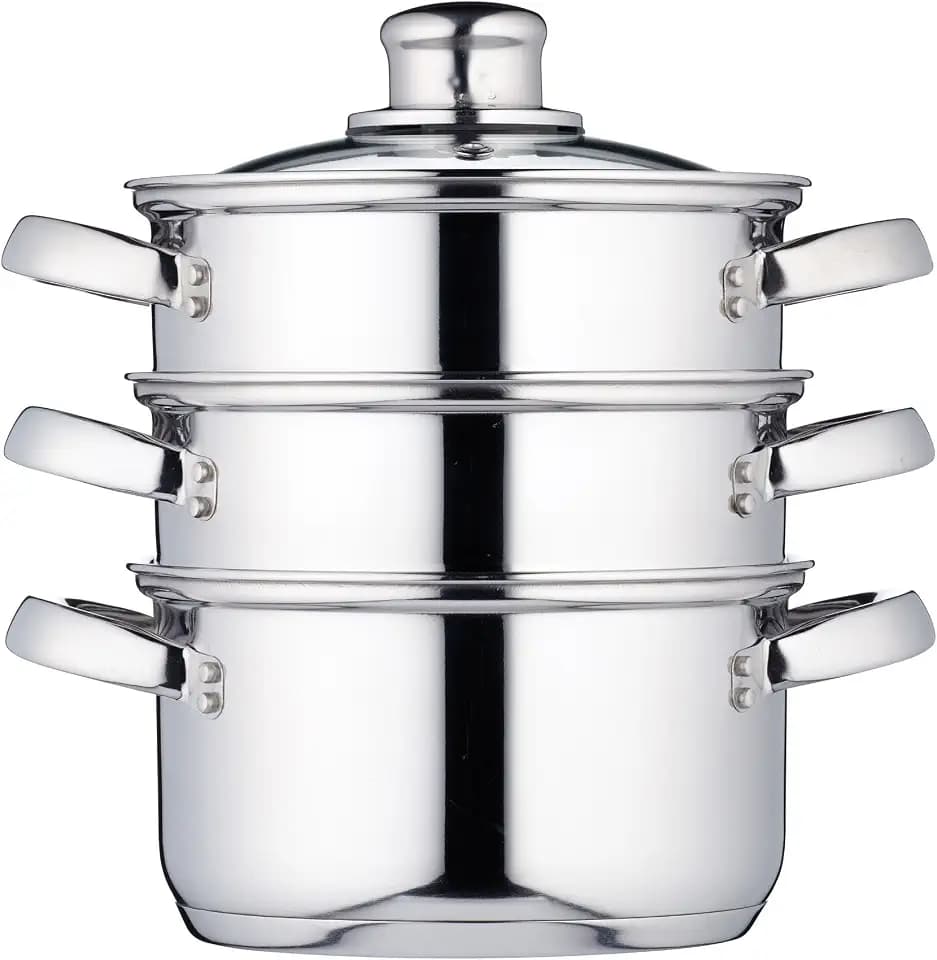 KitchenCraft 3 Kochtopf Set, Dampfgarer/Suppentopf Steamer 3-stufig, Induktionssicher, Edelstahl, in Geschenkbox, 16 cm (6''), Silber