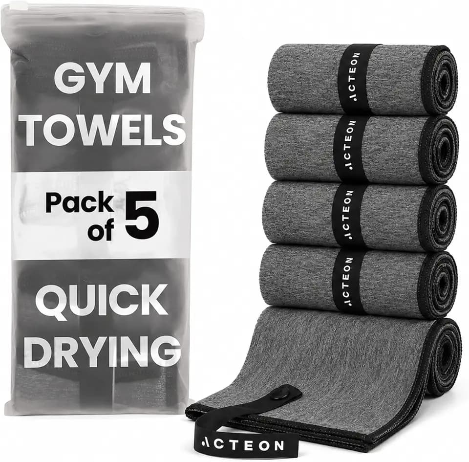 Acteon Microfiber Quick Dry Gym Towel 5 Pack, Silver ION Odor-Free Absorbent Fiber, Fast Drying, Men & Women Workout Gear for Body Sweat, Working Out, Towels Charcoal Grey