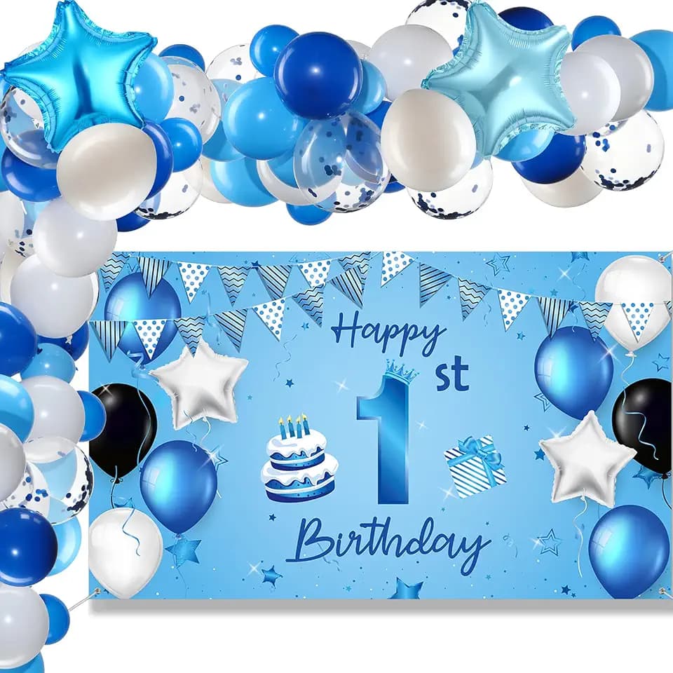 Breling 88 Pcs Boy 1st Birthday Decorations, Blue Baby First Party Supplies