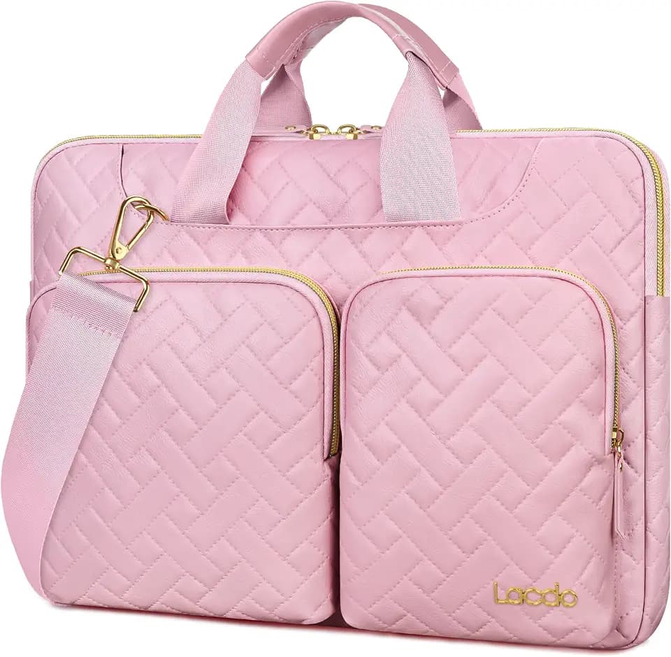 Lacdo 360° Protective Laptop Shoulder Bag, 16 inch Laptop Bag for 16 inch MacBook Pro M5 Pro/Max A3428 A3429 (2026), M4/M3/M2/M1 A3403 A3186 A2991 A2780 A2485, 15 inch Surface Laptop 7th, Sakura Pink