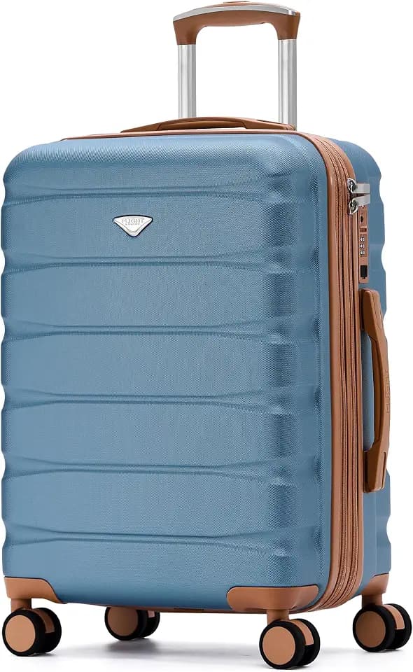 Flight Knight 22x18x10 Expandable Carry On Suitcase Hardside TSA Lock & USB C Port Lightweight Luggage Silent Double Spinner Wheels Maximum Spirit Overhead Carry-On Bag Airlines Approved Blue/Tan