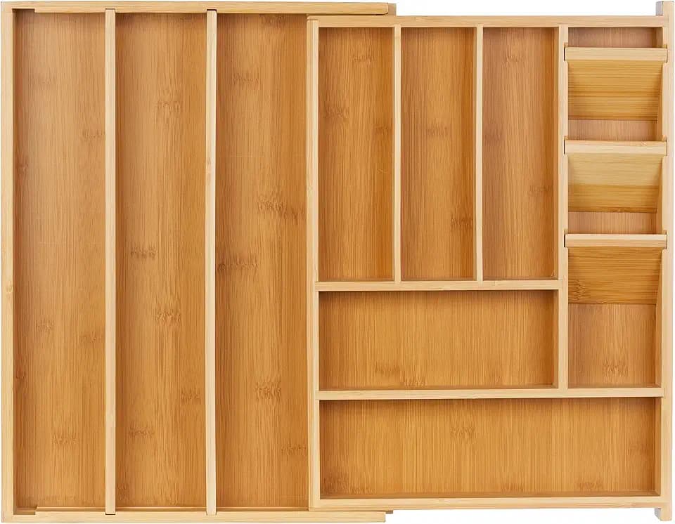 Relaxdays Besteckkasten, ausziehbar, 8–11 Fächer, HxBxT: 5,5 x 32–54 x 42 cm, Bambus & MDF, Schubladeneinsatz, Natur