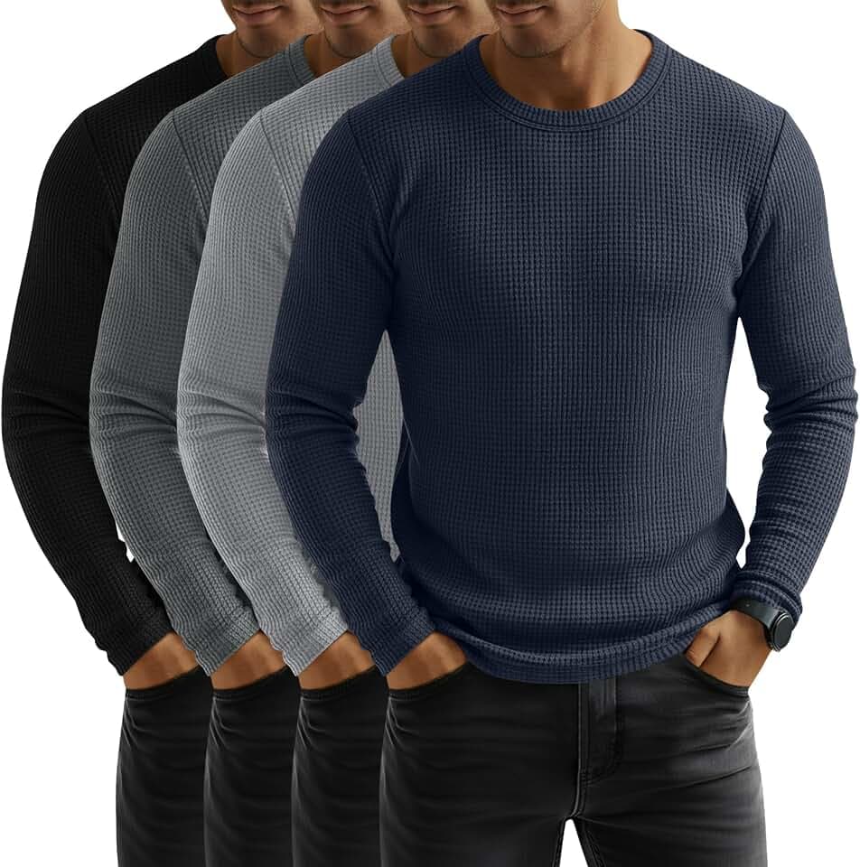 4 Pack Men's Waffle Long Sleeve Shirts Crew Neck Tees
