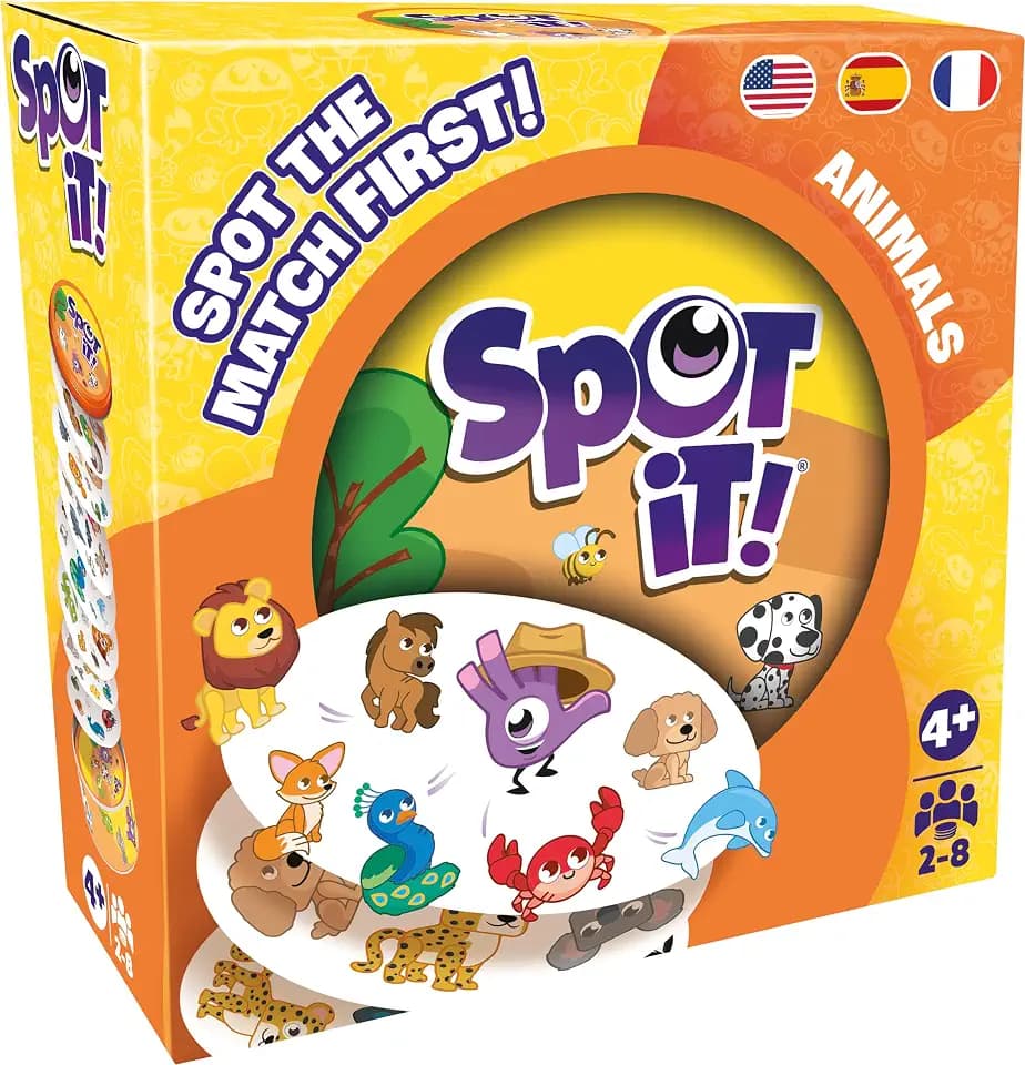 Asmodee Spot It! Animals (2024 Refresh) - Eco-Sleeve Edition, 5-in-1 Visual Perception Game for Quick Reflexes and Family Fun, Ages 4+, 2-8 Players, 15 Minute Playtime