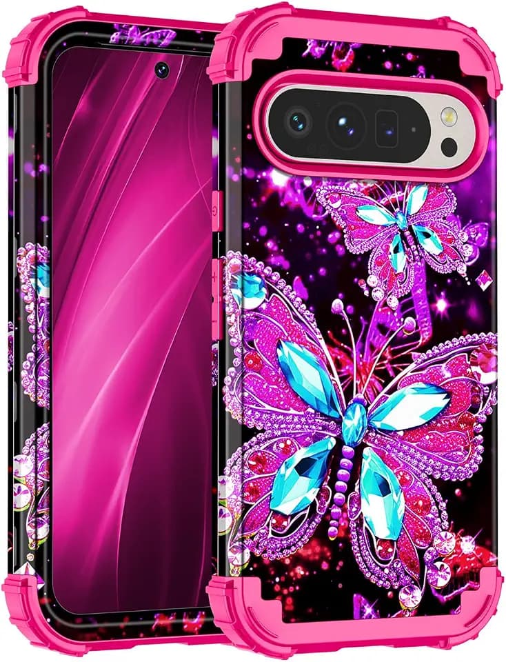 Miqala for Google Pixel 9 Pro XL Case,Glow in The Dark Three Layer Heavy Duty Shockproof Full Body Protection Hard Plastic Bumper+Soft Silicone Case for Google Pixel 9 Pro XL,Red Butterfly