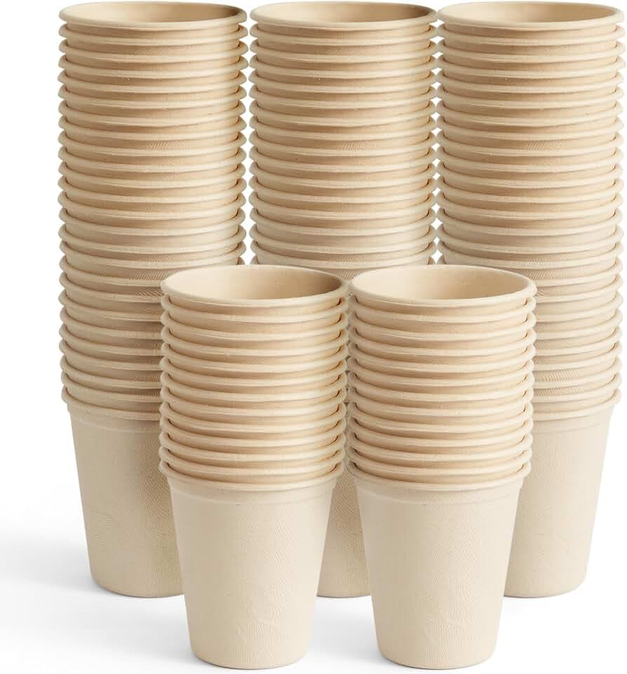 HAAGO 100 Zuckerrohr Becher Partybecher Pappbecher für Partys - Stabil, Biologisch Abbaubar, Umweltfreundlich & Home Kompostierbar (370ml)