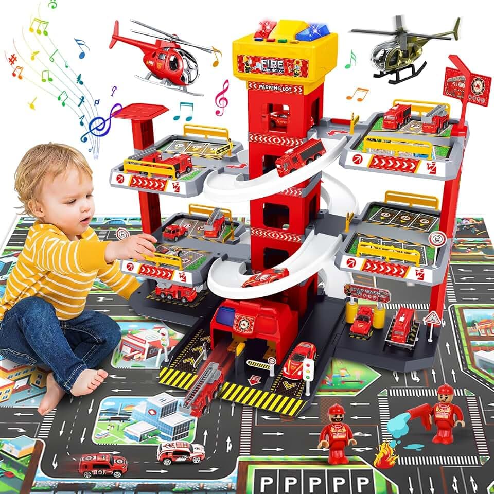 FORMIZON 5 Stockwerke Parkhaus für Kinder, Parkgarage Feuerwehr und Polizei mit Garage, Rampen, Aufzug, Tankstelle, Licht & Sound, Spielzeug Parkhaus mit 12 Autos und 3 Hubschrauber für Kinder (Rot)