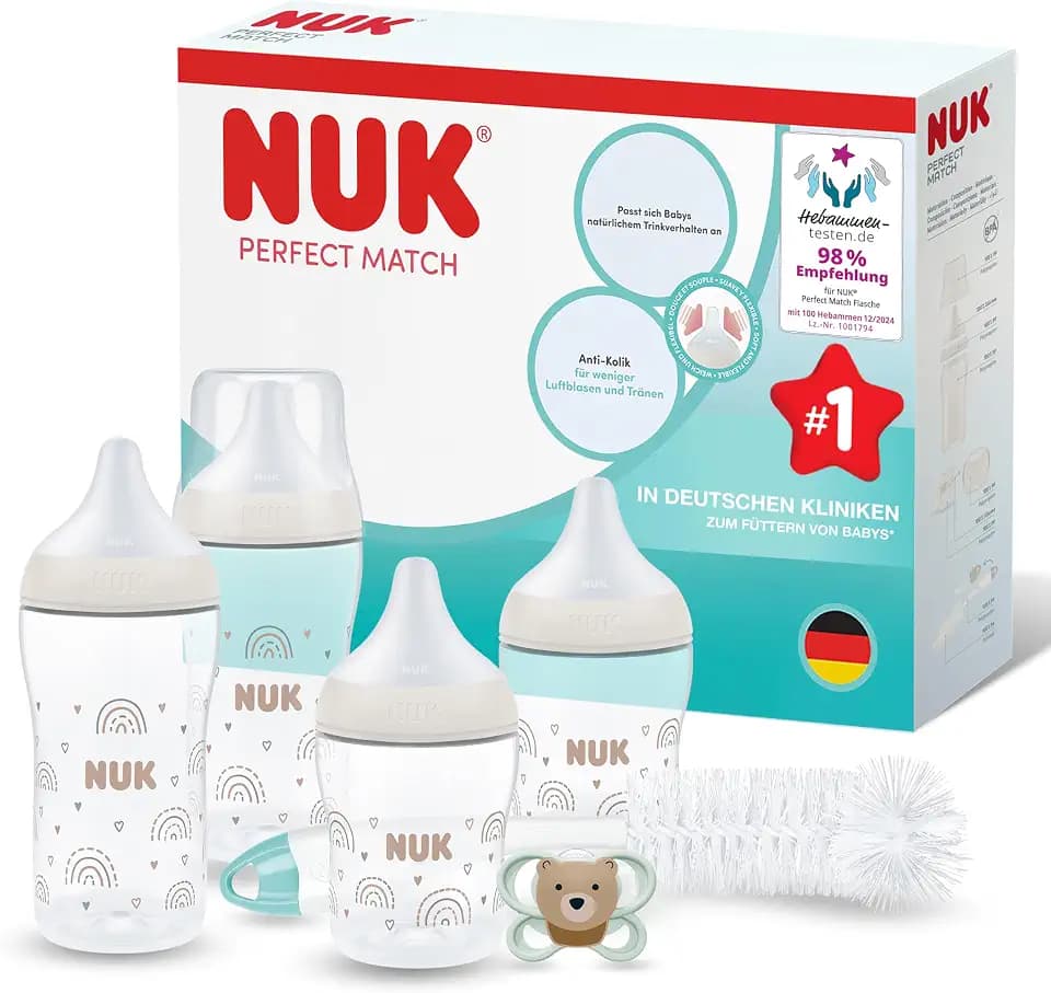 NUK Perfect Match Perfect Start Babyflaschen Geschenkset für Neugeborene | 0–6 Monate | 4 x Anti-Kolik-Flaschen (150 ml, 260 ml), 2x Sauger, 1x Air Schnuller, 1x Flaschenbürste | Regenbogen | 8 Stück