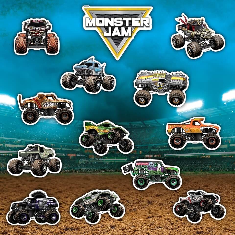 Monster Jam Trucks Decal Pack - Set of 15 Monster Truck Stickers Includes Grave Digger El Toro Loco Max D Zombie Megalodon Dragon Soldier Fortune Mutt