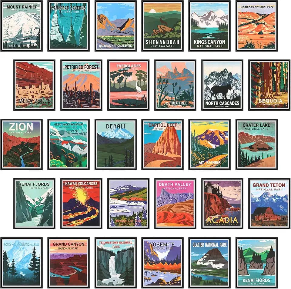 Teling 30-teiliges Vintage-Poster im Nationalpark-Stil, Kunstdrucke, Natur-Wandkunst und Bergdruck-Set für Zuhause, Wohnzimmer, Schlafzimmer, Badezimmer, Dekor (helle Farbe, Landschaft)