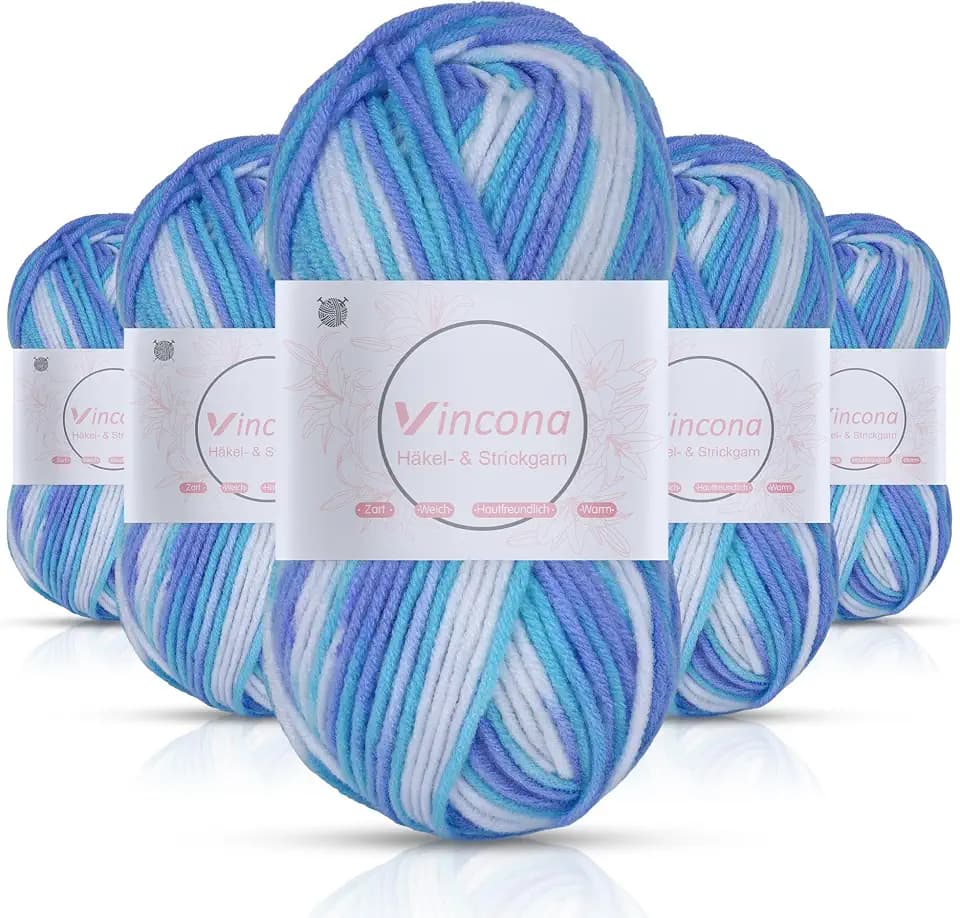 Vincona Häkelgarn，5x50 g Wolle zum Häkeln，Bunt Farbverlauf Acrylgarn zum Häkeln，Wolle zum Häkeln und Stricken, Handstrickgarnsets Geeignet zum Stricken von Puppen, Pullovern, Schals, Mützen09