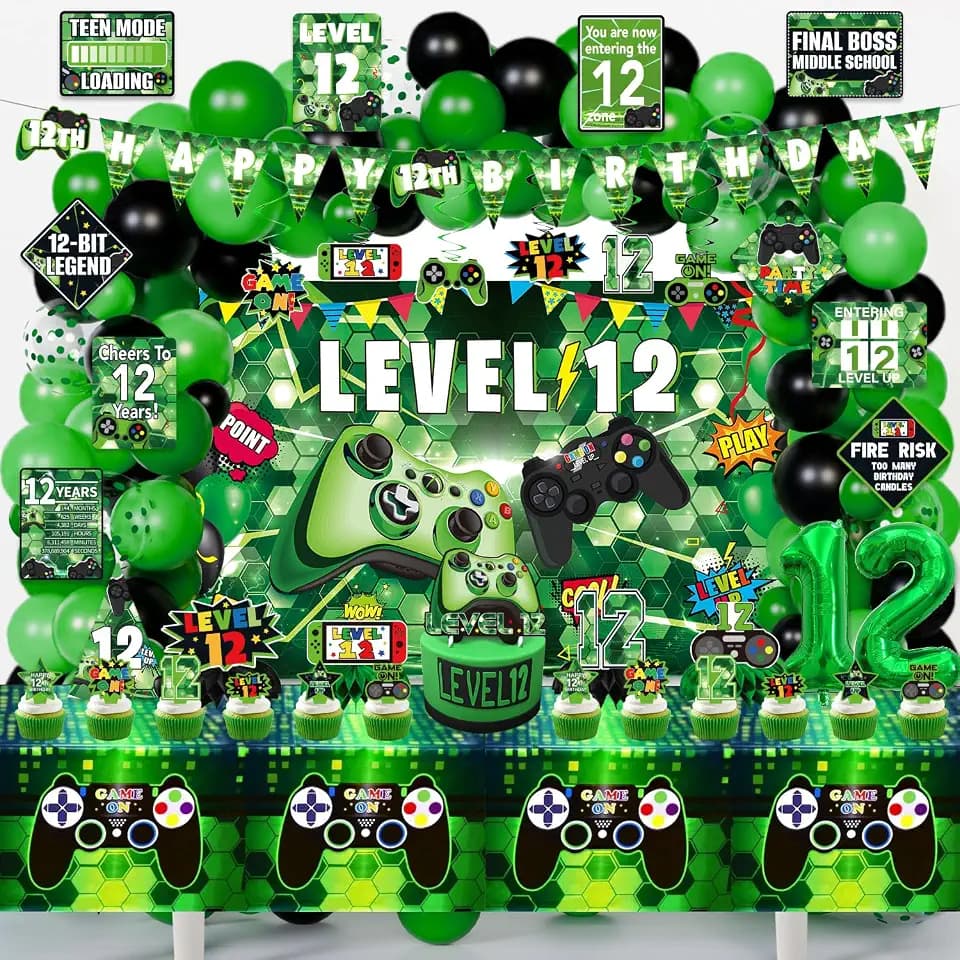 KOTLMIGHT 12th Birthday Decorations for Boys, 149Pcs Green Video Game level 12 Party Supplies for Boy 12th Birthday - Backdrop, Banner, Tablecloth, Centerpieces, Hanging Swirl, Hat, Wall Signs