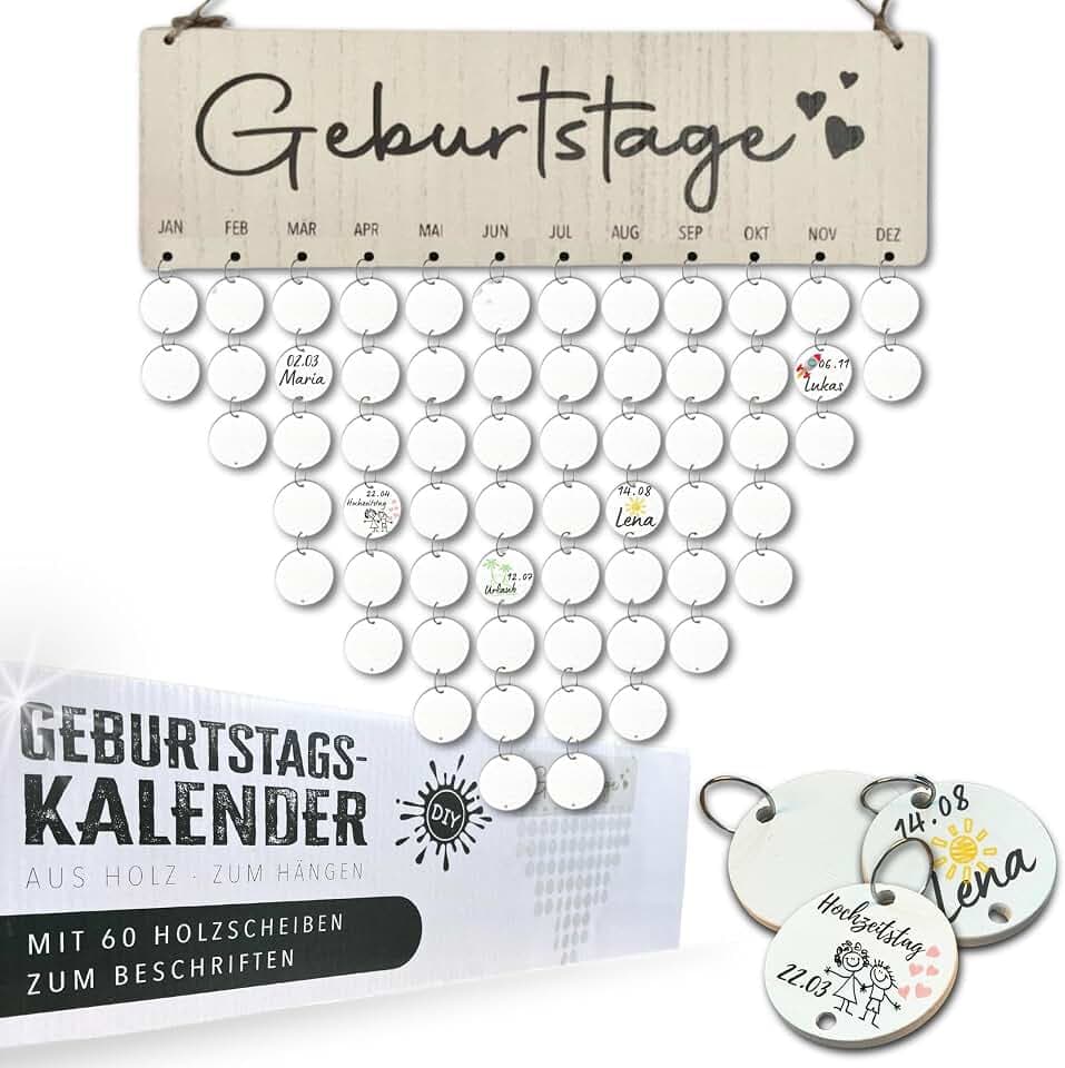 Bada Bing DIY Geburtstagskalender mit 60 Holz Scheiben zum Beschriften - Jahresunabhängiger Familienkalender Dekoration zum Aufhängen Wandkalender Geburtstag mit Holzscheiben Individuell gestaltbar