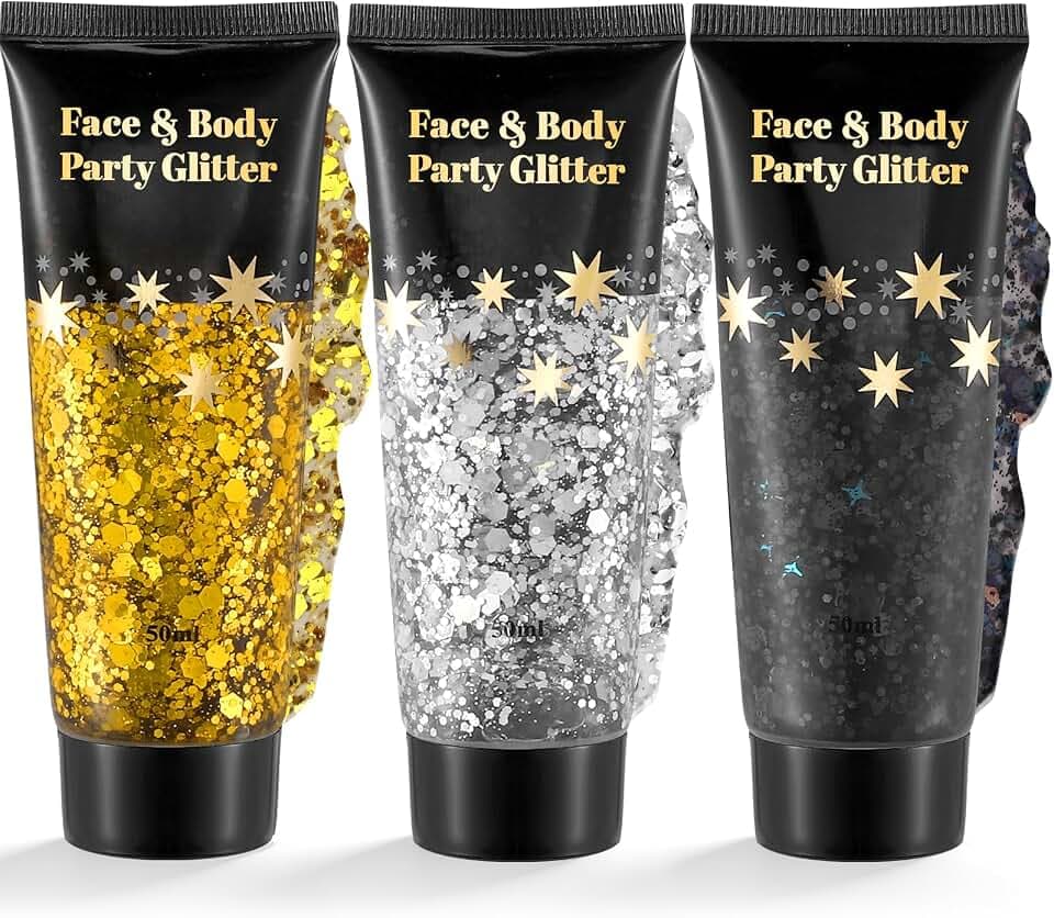 3 Stück Body Glitter Gel 50ml, Festival Glitzer Gold Silber Schwarz