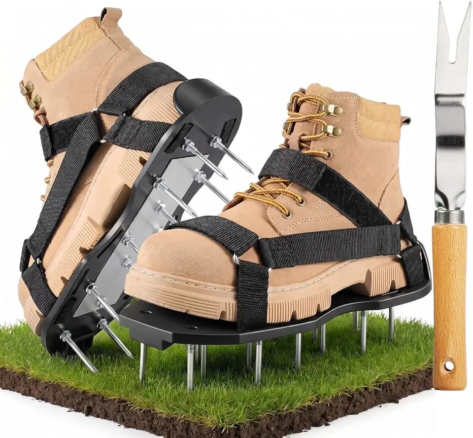 Lawn Aerator Shoes Pre-Assembled - 26 Heavy Duty Steel Spikes (2.4"), Stainless Steel Base Plate, Adjustable Metal Buckle Straps - Walk Behind Grass Aerator Sandals for Yard Lawn Care