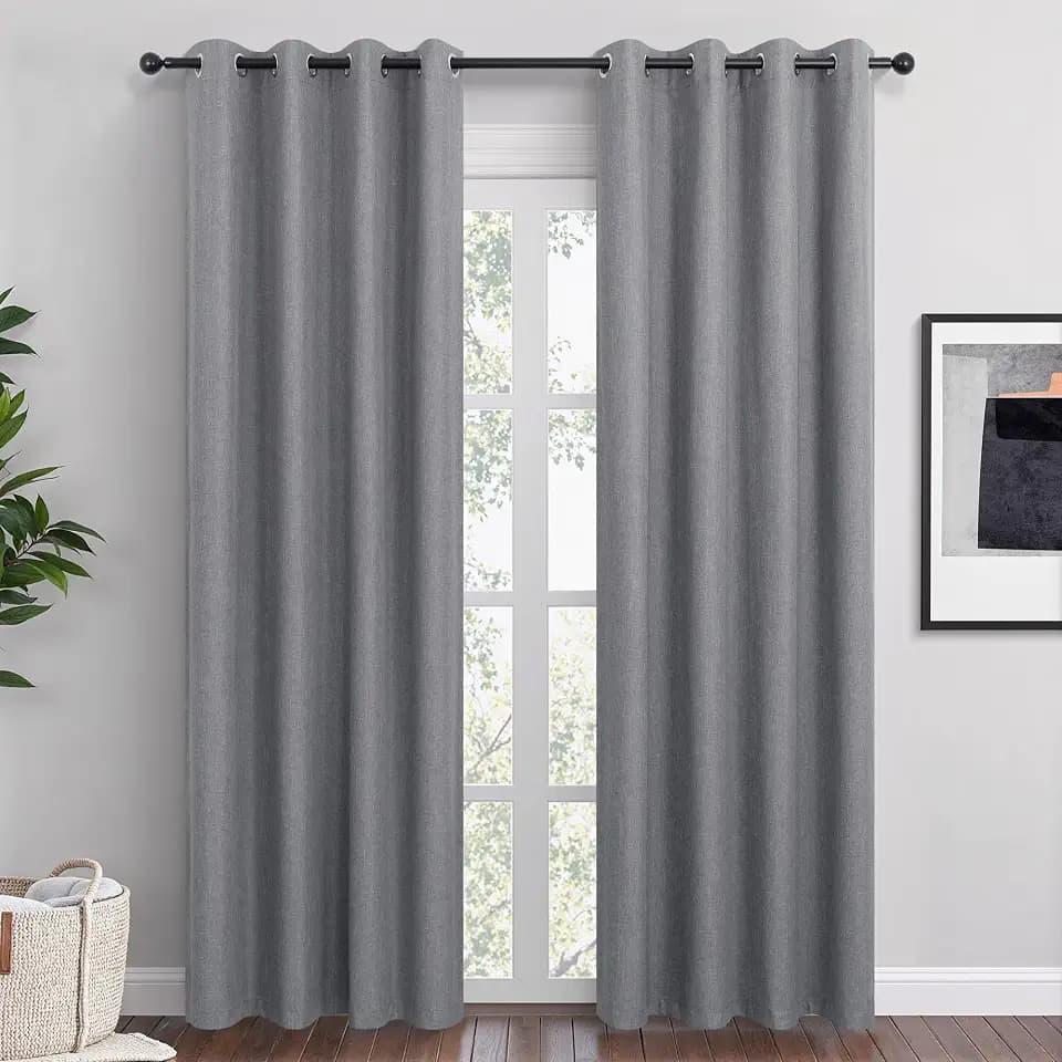 Dark Grey Linen Blackout Curtains 90 Inch Length 2 Panels Set for Bedroom Living Room Grommet 100% Black Out Linen Drapes Room Darkening Window Curtains 90 Inches Long Dark Gray