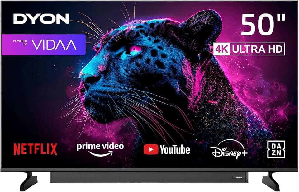 DYON Movie Smart 50 VX-S 50 Zoll 4K UHD Smart Fernseher mit Soundboost | VIDAA OS, HDR10, AirPlay, waipu.tv, Prime Video, Netflix, Triple Tuner DVB-C/S2/T2, WLAN, Hotelmodus, klare Sprachwiedergabe