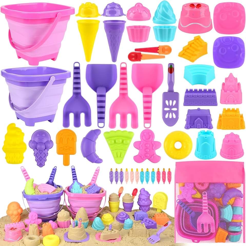 Joyreal 49 Stück Sandspielzeug EIS Mädchen Junge - Sandkasten Spielzeug Strandspielzeug Kinder Spielstabil mit Sandschaufel, Faltbares Eimer, Sandformen, Netzbeutel Strand für Kinder
