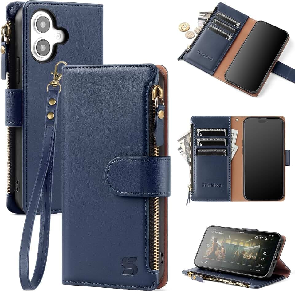 Shieldtop for iPhone 16 Wallet Case with Card Holder,Blue