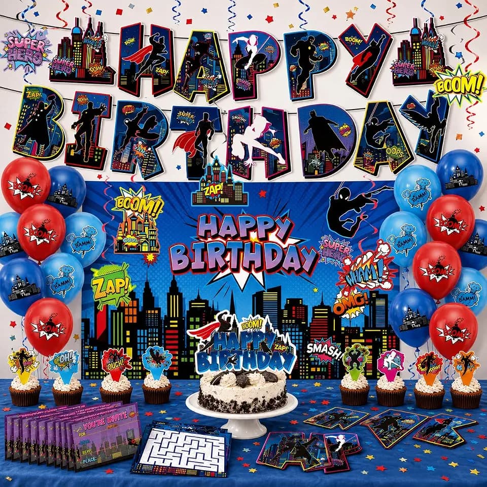 Superhero Birthday Party Decorations Set with Banner, Backdrop and Balloons