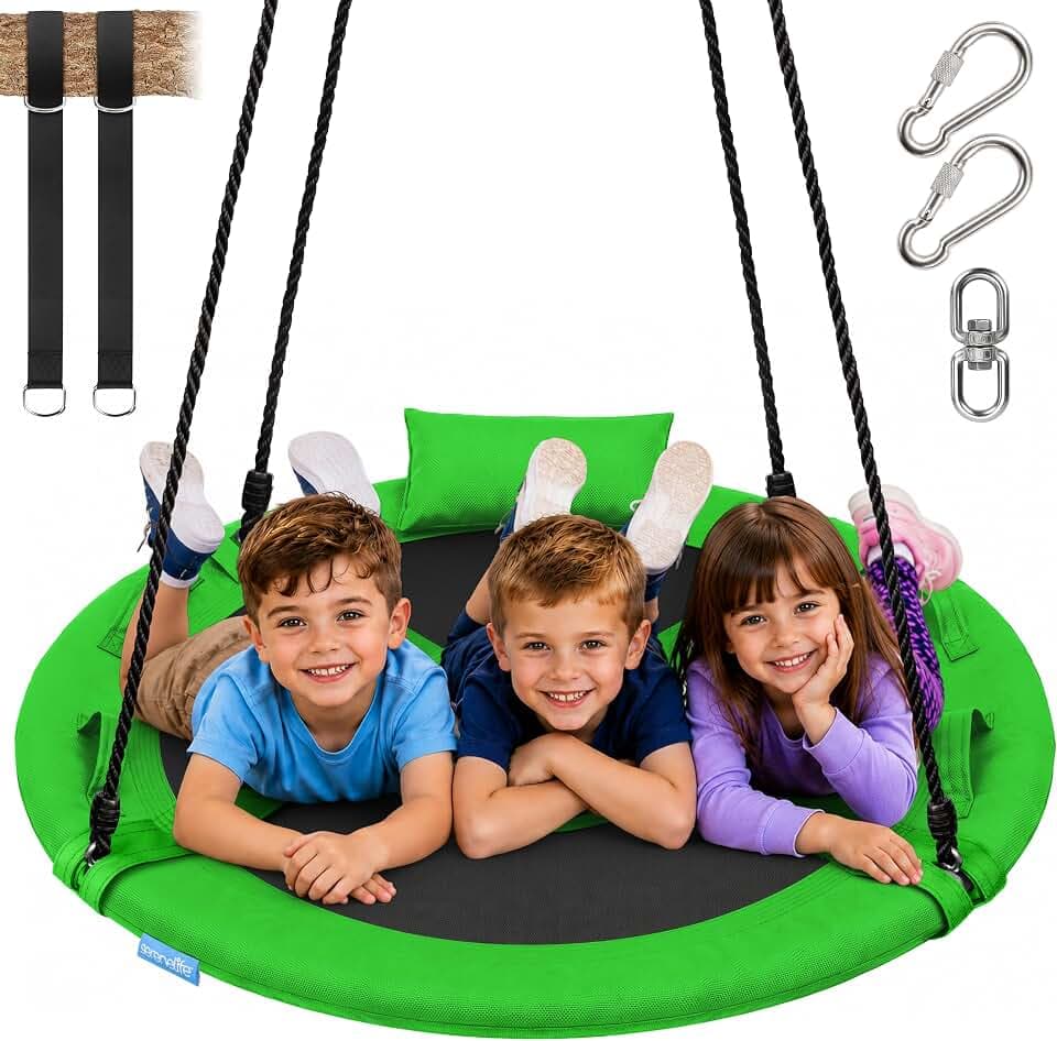 SereneLife Saucer Swing, Tree Swing, 40 Inch, 900lb Heavy Duty Capacity for Kids, 900D Oxford Waterproof Seat, Adjustable Height Ropes, 2 Strap Tree Hang Kit, Center Swivel Spinner, Green