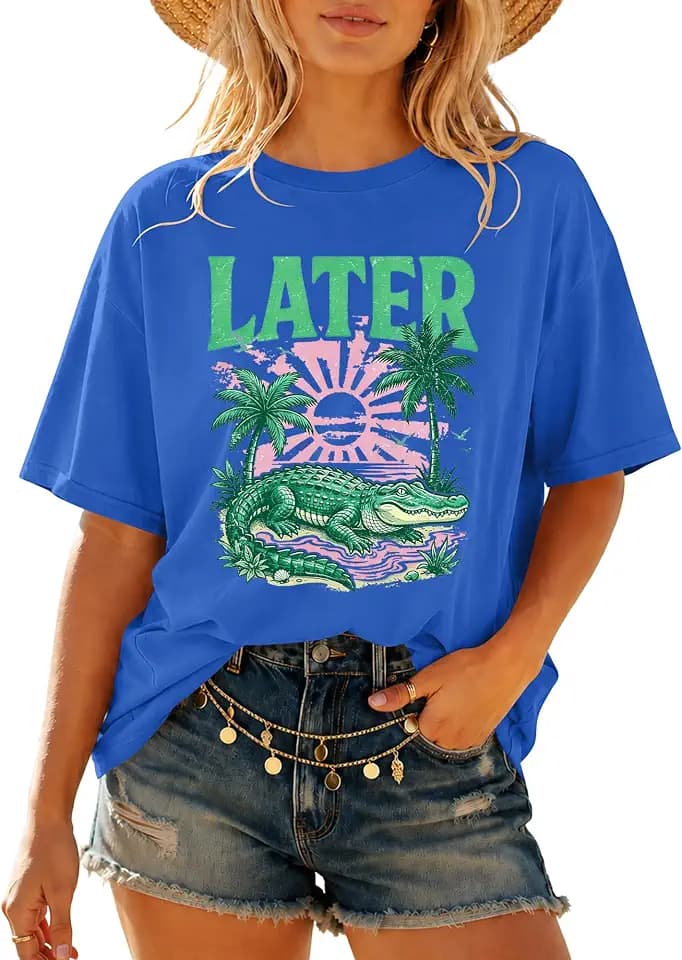 Later Alligator T Shirt Funny Saying Tee Gator Graphic Short Sleeve Casual Top
