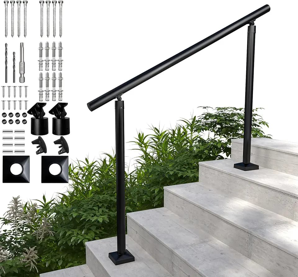 Heavy Duty Aluminum Round Handrail for Indoor or Outdoor Steps & Stairs – Maximum Load Capacity 800lbs, 0-4 Steps Stair Handrail Kit, Porch & Deck (Textured Black, 4ft)