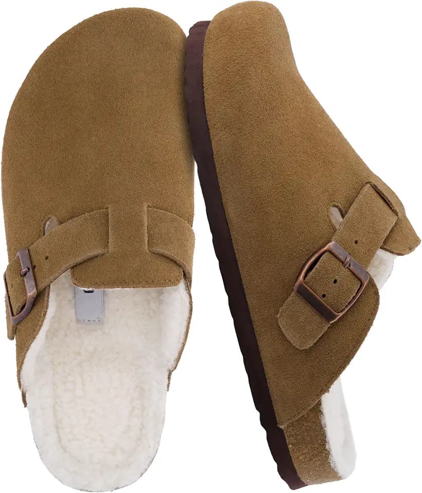 CUSHIONAIRE Women's Hana Cork footbed clog with Genuine Leather upper, Faux Fur lining, and +Comfort