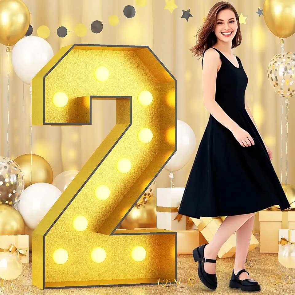 Number 2 Marquee, 4FT Light Up Numbers Gold Large Number 2 Marquee Mosaic Numbers for 2nd Birthday, Giant Marquee Number 4 Feet Tall DIY Frame Pre-Cut Foam Board Kit for Graduation Anniversary Party