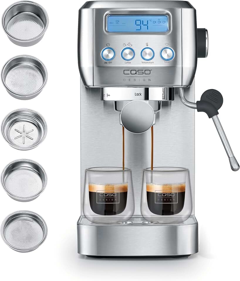 Caso EspressoGourmet Crema - Siebträgermaschine, Espressomaschine, mit Milchaufschäumer, Espresso, Cappuccino, Siebträger aus Edelstahl, 20 bar ULKA-Pumpe, Kaffeemaschine Kaffeepulver, ESE Pads