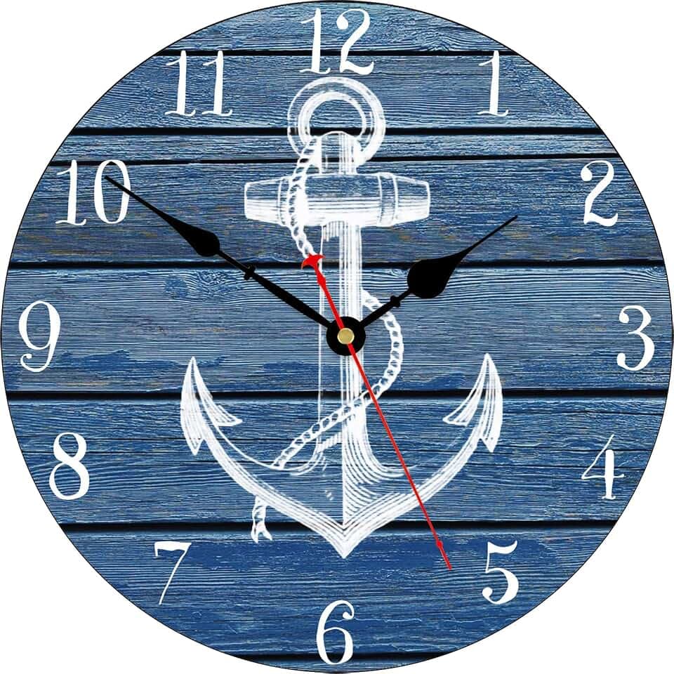 TAHEAT 34 cm Weiß Anker Muster Wanduhr, Nicht tickend Leise Uhren, Nautisch Retro Hölzern Arabische Ziffer Uhren, Leicht zu lesen Wanduhren für Küche/Wohnzimmer/Schlafzimmer