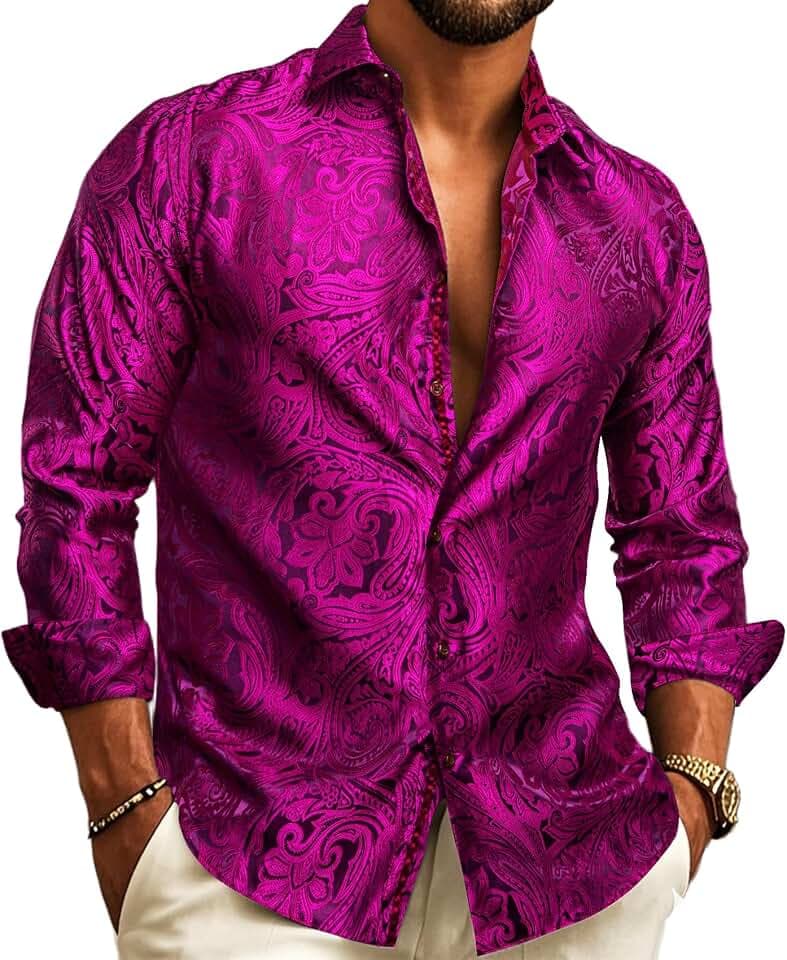 Barry.Wang Mens Dress Shirts Silk Luxury Paisley Big and Tall Long Sleeve Shirt Business Wedding Party Red Black S-3XL