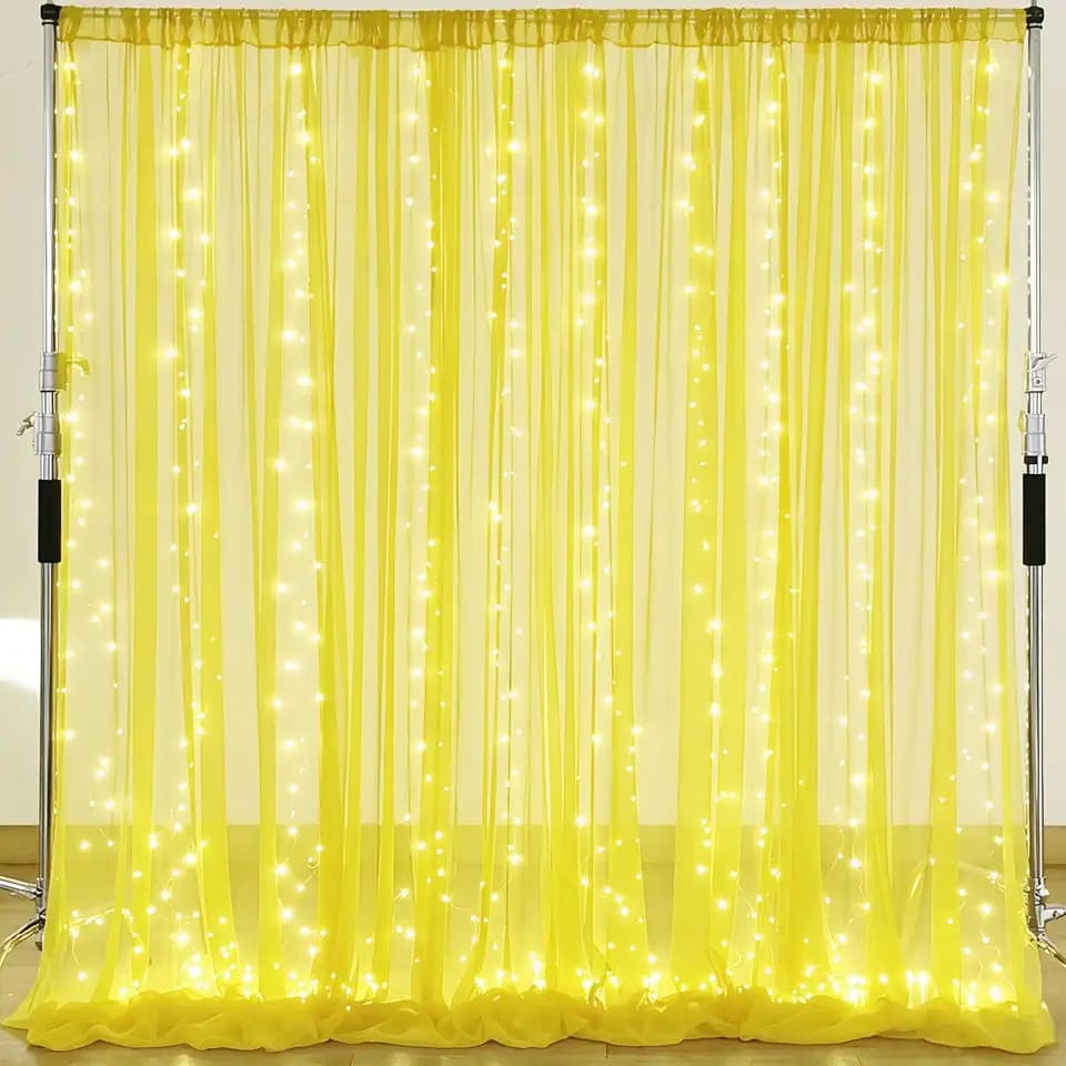 10×10ft Yellow Tulle Backdrop Curtain with Lights String for Parties, Sheer Curtain Backdrop Drapes for Wedding Party Photography Background