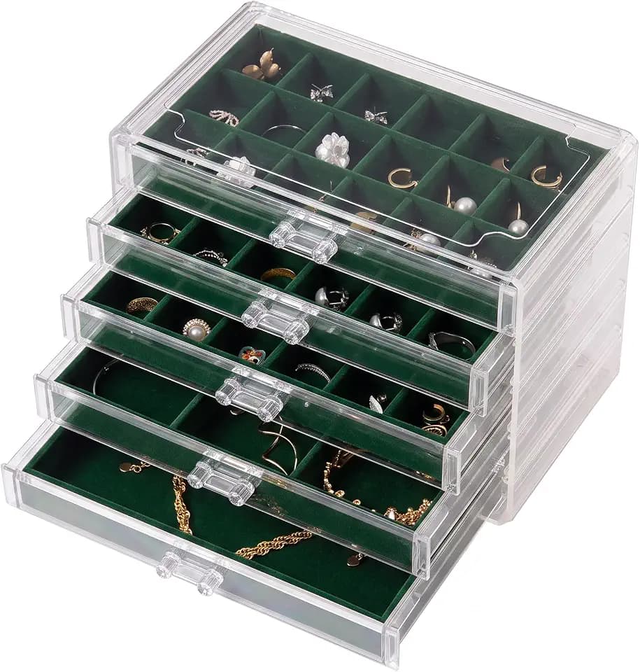 Frebeauty Acryl-Schmuck-Organizer, Ohrring-Organizer-Box mit 5 Schubladen, Organizer mit Samtablagen, transparente Schmuckschatulle für Damen, Ohrring-Display für Ringe, Ohrstecker (Schwarzgrün)