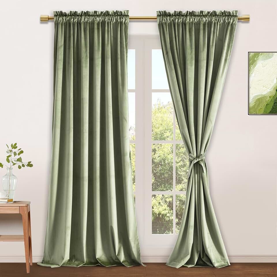 JIUZHEN Sage Green Velvet Blackout Curtains 52W x 90L 2 Panels