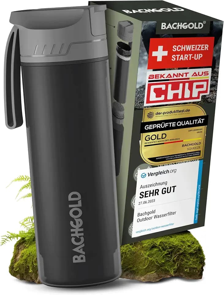 Bachgold Selfpress Wasserfilter Outdoor Trinkflasche, 500 ml, Schwarz
